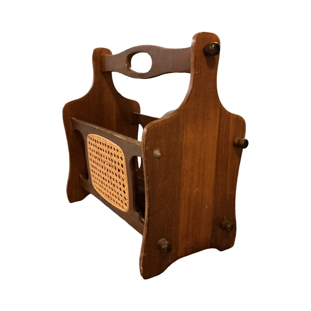 Vintage Wood Magazine Rack Mid Century Modern Cane Inset Floor Caddy Brown